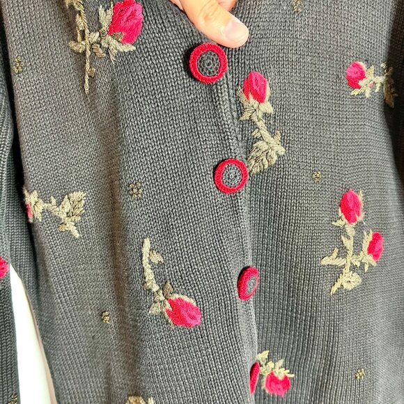 Vtg Talbots Red Rose Embroidered Button Front Chunky Cardigan Sweater Size XL - Picture 4 of 5